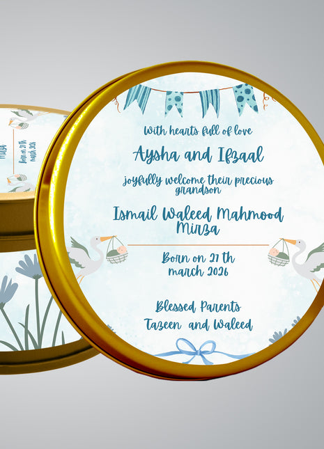 Premium Birth Announcement Tin Boxes – Custom Printed Baby Arrival Gifts & Methie Boxes in Pakistan