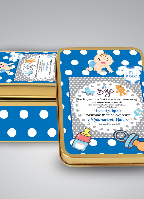 Premium Birth Announcement Tin Boxes – Custom Printed Baby Arrival Gifts & Methie Boxes in Pakistan