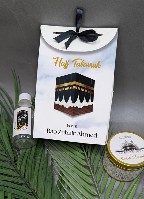 Hajj & Umrah Tabarruk Gift Set – Customized Bag, Tin Box & Zamzam Bottle (Complete Package)