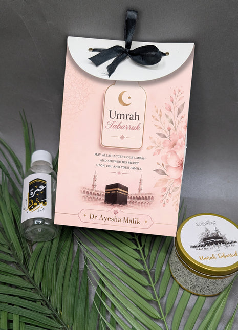 Hajj & Umrah Tabarruk Gift Set – Customized Bag, Tin Box & Zamzam Bottle (Complete Package)