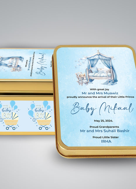 Premium Birth Announcement Tin Boxes – Custom Printed Baby Arrival Gifts & Methie Boxes in Pakistan