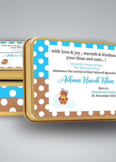 Premium Birth Announcement Tin Boxes – Custom Printed Baby Arrival Gifts & Methie Boxes in Pakistan