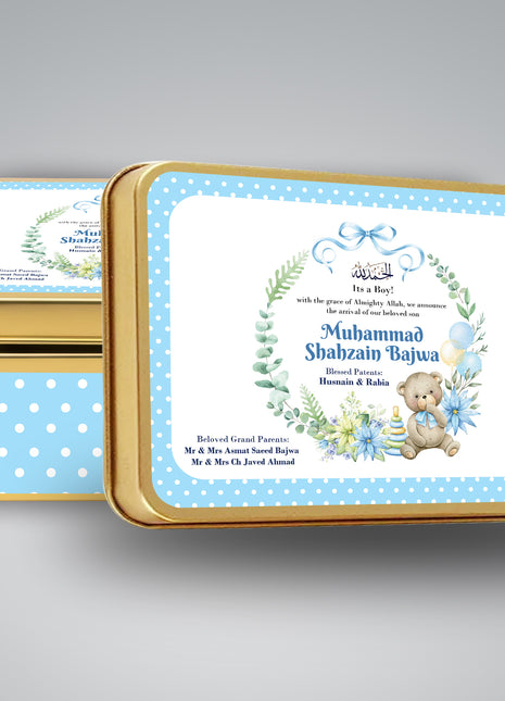 Premium Birth Announcement Tin Boxes – Custom Printed Baby Arrival Gifts & Methie Boxes in Pakistan