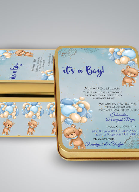 Premium Birth Announcement Tin Boxes – Custom Printed Baby Arrival Gifts & Methie Boxes in Pakistan