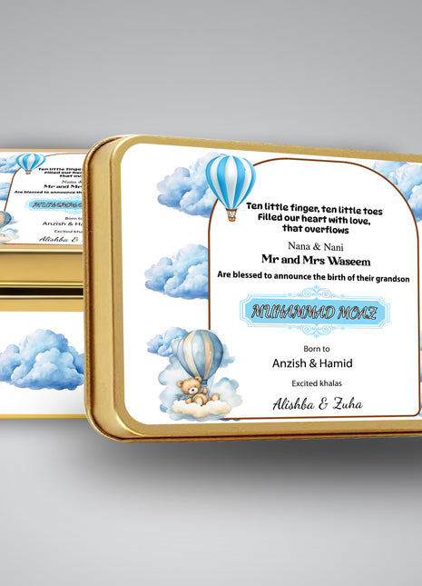 Premium Birth Announcement Tin Boxes – Custom Printed Baby Arrival Gifts & Methie Boxes in Pakistan