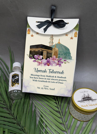Hajj & Umrah Tabarruk Gift Set – Customized Bag, Tin Box & Zamzam Bottle (Complete Package)
