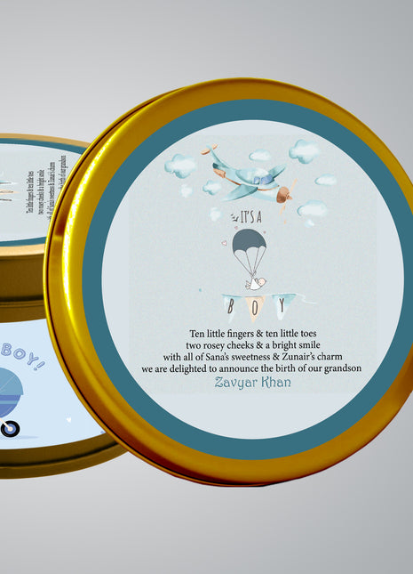 Premium Birth Announcement Tin Boxes – Custom Printed Baby Arrival Gifts & Methie Boxes in Pakistan