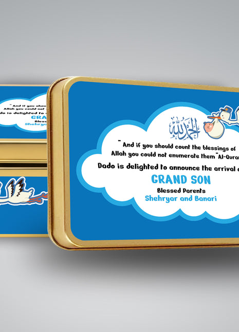 Premium Birth Announcement Tin Boxes – Custom Printed Baby Arrival Gifts & Methie Boxes in Pakistan