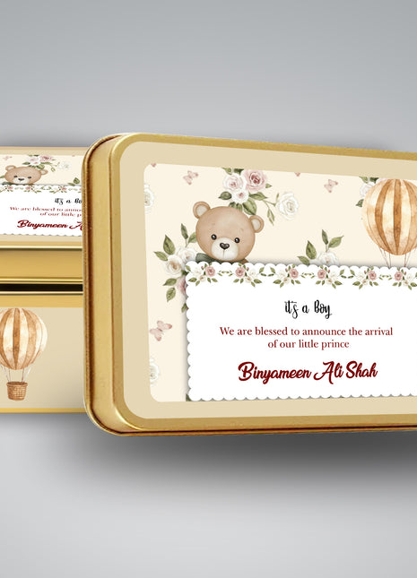 Premium Birth Announcement Tin Boxes – Custom Printed Baby Arrival Gifts & Methie Boxes in Pakistan