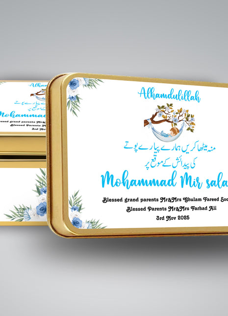 Premium Birth Announcement Tin Boxes – Custom Printed Baby Arrival Gifts & Methie Boxes in Pakistan