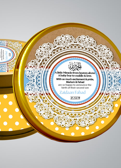 Premium Birth Announcement Tin Boxes – Custom Printed Baby Arrival Gifts & Methie Boxes in Pakistan