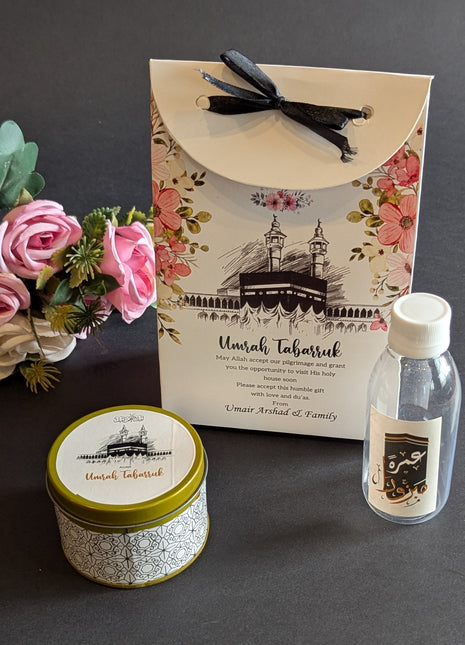 Hajj & Umrah Tabarruk Gift Set – Customized Bag, Tin Box & Zamzam Bottle (Complete Package)