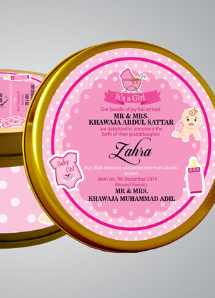 Premium Birth Announcement Tin Boxes – Custom Printed Baby Arrival Gifts & Methie Boxes in Pakistan
