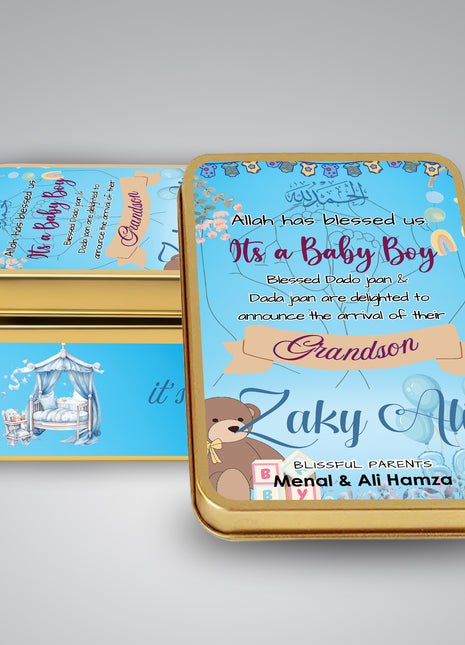 Premium Birth Announcement Tin Boxes – Custom Printed Baby Arrival Gifts & Methie Boxes in Pakistan
