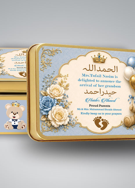 Premium Birth Announcement Tin Boxes – Custom Printed Baby Arrival Gifts & Methie Boxes in Pakistan