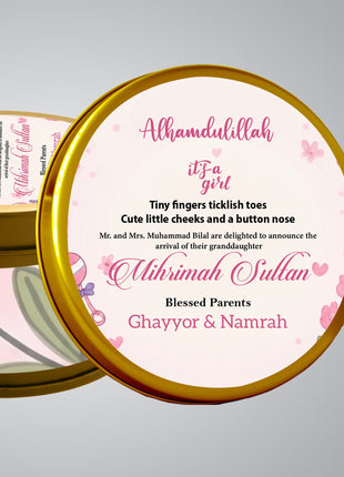 Premium Birth Announcement Tin Boxes – Custom Printed Baby Arrival Gifts & Methie Boxes in Pakistan