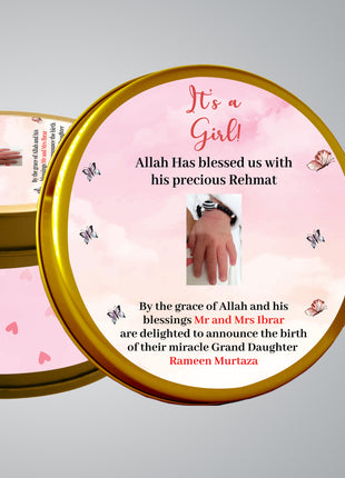 Premium Birth Announcement Tin Boxes – Custom Printed Baby Arrival Gifts & Methie Boxes in Pakistan