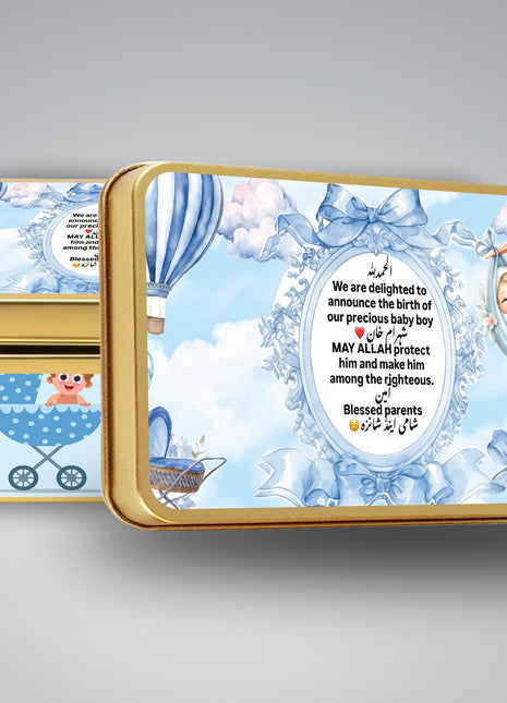 Premium Birth Announcement Tin Boxes – Custom Printed Baby Arrival Gifts & Methie Boxes in Pakistan