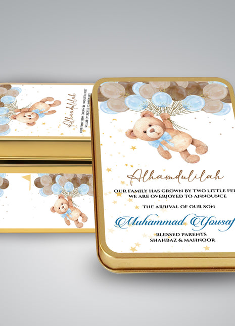 Premium Birth Announcement Tin Boxes – Custom Printed Baby Arrival Gifts & Methie Boxes in Pakistan