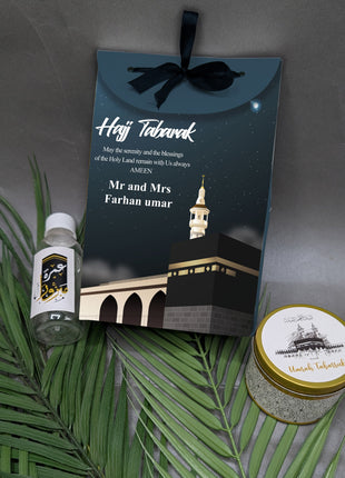 Hajj & Umrah Tabarruk Gift Set – Customized Bag, Tin Box & Zamzam Bottle (Complete Package)