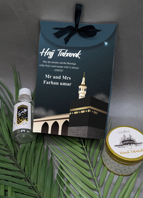 Hajj & Umrah Tabarruk Gift Set – Customized Bag, Tin Box & Zamzam Bottle (Complete Package)
