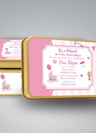 Premium Birth Announcement Tin Boxes – Custom Printed Baby Arrival Gifts & Methie Boxes in Pakistan