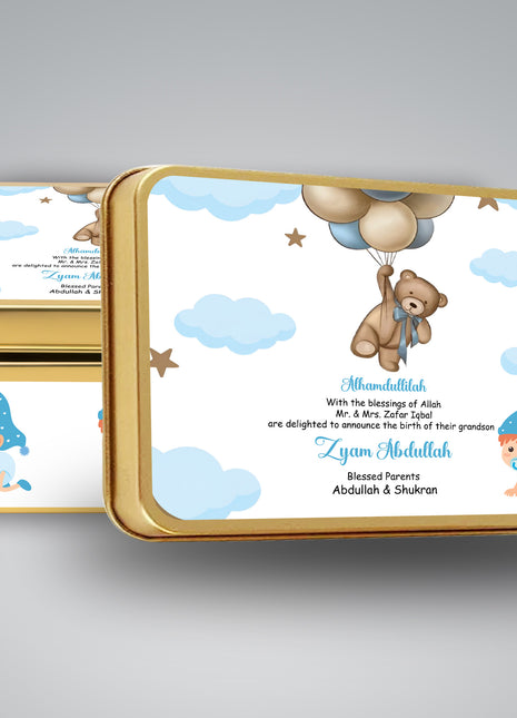 Premium Birth Announcement Tin Boxes – Custom Printed Baby Arrival Gifts & Methie Boxes in Pakistan