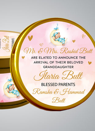 Premium Birth Announcement Tin Boxes – Custom Printed Baby Arrival Gifts & Methie Boxes in Pakistan
