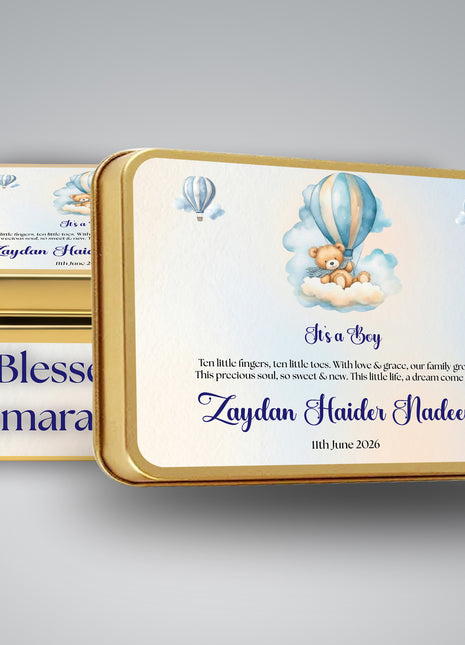 Premium Birth Announcement Tin Boxes – Custom Printed Baby Arrival Gifts & Methie Boxes in Pakistan