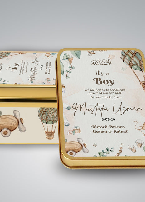Premium Birth Announcement Tin Boxes – Custom Printed Baby Arrival Gifts & Methie Boxes in Pakistan
