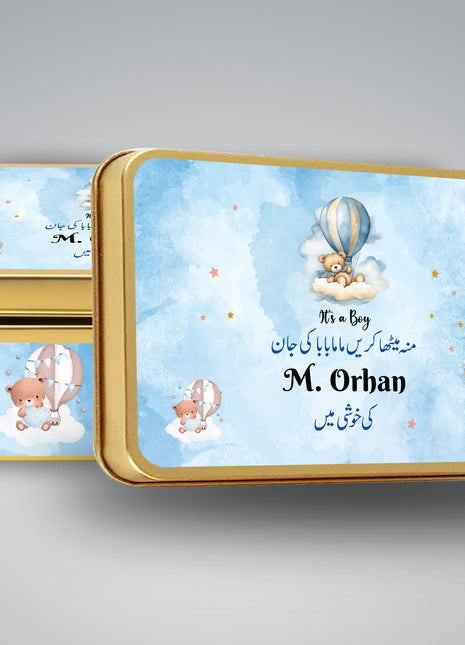 Premium Birth Announcement Tin Boxes – Custom Printed Baby Arrival Gifts & Methie Boxes in Pakistan