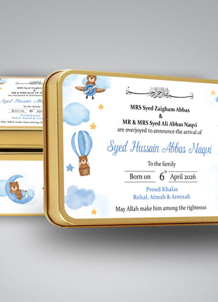 Premium Birth Announcement Tin Boxes – Custom Printed Baby Arrival Gifts & Methie Boxes in Pakistan