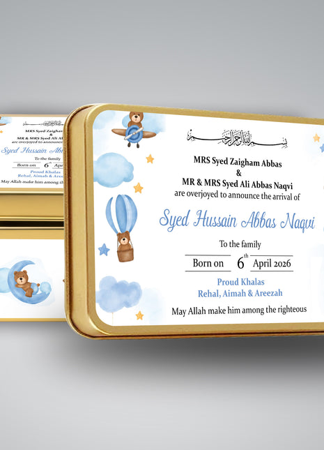 Premium Birth Announcement Tin Boxes – Custom Printed Baby Arrival Gifts & Methie Boxes in Pakistan