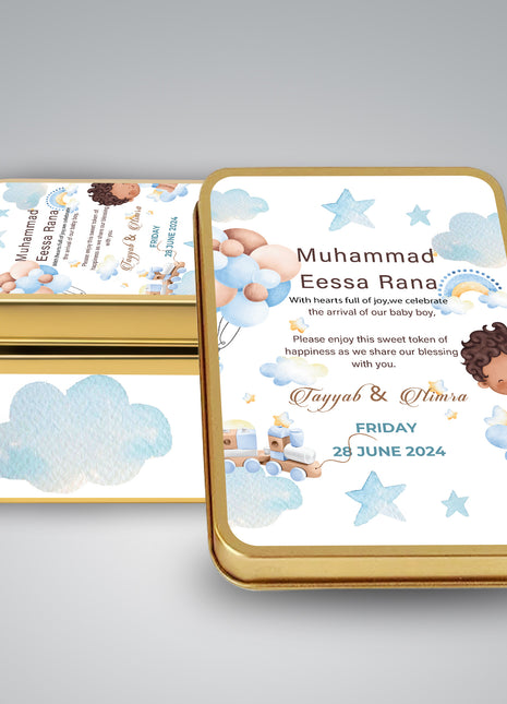 Premium Birth Announcement Tin Boxes – Custom Printed Baby Arrival Gifts & Methie Boxes in Pakistan