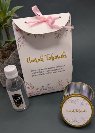 Hajj & Umrah Tabarruk Gift Set – Customized Bag, Tin Box & Zamzam Bottle (Complete Package)