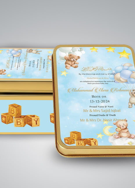 Premium Birth Announcement Tin Boxes – Custom Printed Baby Arrival Gifts & Methie Boxes in Pakistan