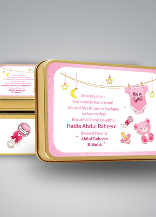 Premium Birth Announcement Tin Boxes – Custom Printed Baby Arrival Gifts & Methie Boxes in Pakistan
