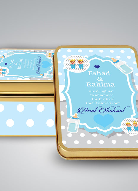 Premium Birth Announcement Tin Boxes – Custom Printed Baby Arrival Gifts & Methie Boxes in Pakistan