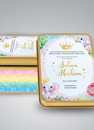 Premium Birth Announcement Tin Boxes – Custom Printed Baby Arrival Gifts & Methie Boxes in Pakistan