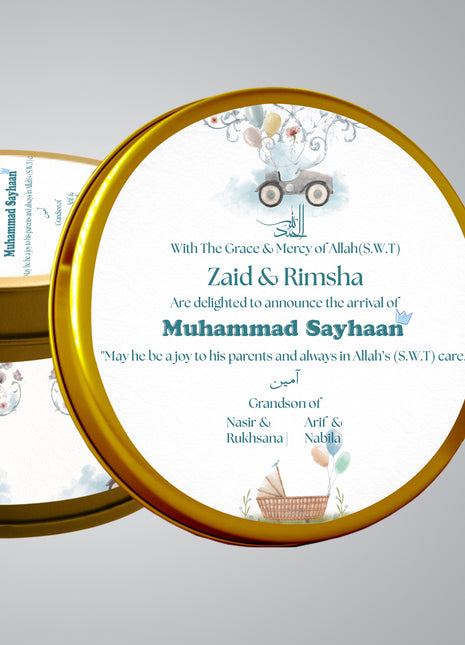 Premium Birth Announcement Tin Boxes – Custom Printed Baby Arrival Gifts & Methie Boxes in Pakistan