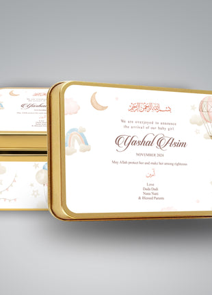 Premium Birth Announcement Tin Boxes – Custom Printed Baby Arrival Gifts & Methie Boxes in Pakistan