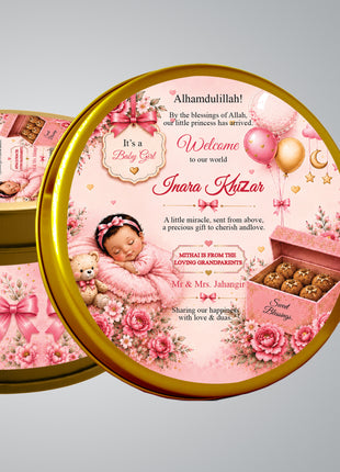 Premium Birth Announcement Tin Boxes – Custom Printed Baby Arrival Gifts & Methie Boxes in Pakistan