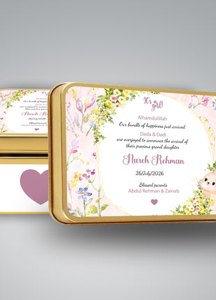 Premium Birth Announcement Tin Boxes – Custom Printed Baby Arrival Gifts & Methie Boxes in Pakistan