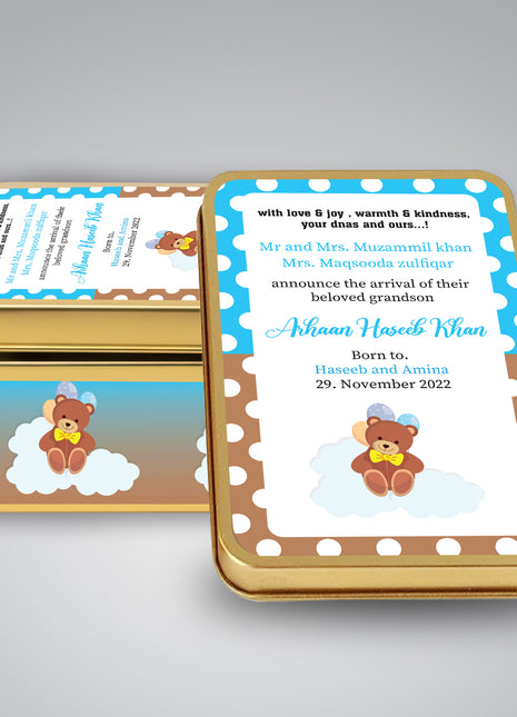 Premium Birth Announcement Tin Boxes – Custom Printed Baby Arrival Gifts & Methie Boxes in Pakistan