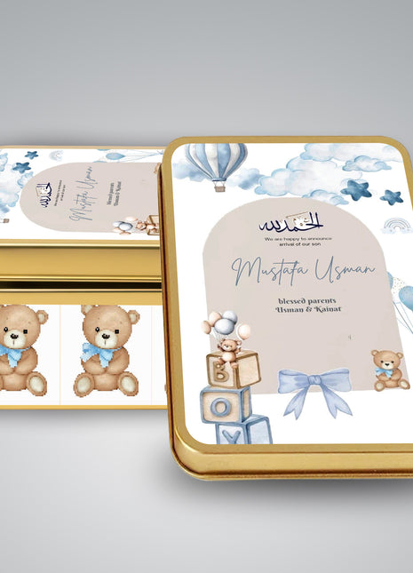 Premium Birth Announcement Tin Boxes – Custom Printed Baby Arrival Gifts & Methie Boxes in Pakistan