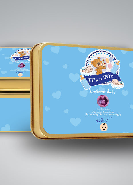 Premium Birth Announcement Tin Boxes – Custom Printed Baby Arrival Gifts & Methie Boxes in Pakistan