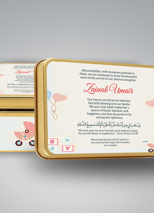 Premium Birth Announcement Tin Boxes – Custom Printed Baby Arrival Gifts & Methie Boxes in Pakistan