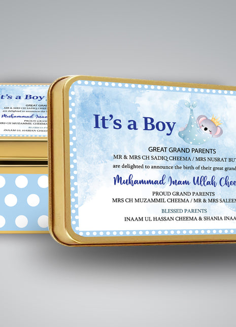 Premium Birth Announcement Tin Boxes – Custom Printed Baby Arrival Gifts & Methie Boxes in Pakistan