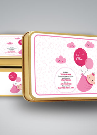 Premium Birth Announcement Tin Boxes – Custom Printed Baby Arrival Gifts & Methie Boxes in Pakistan