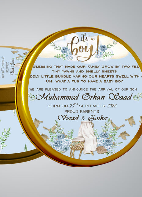 Premium Birth Announcement Tin Boxes – Custom Printed Baby Arrival Gifts & Methie Boxes